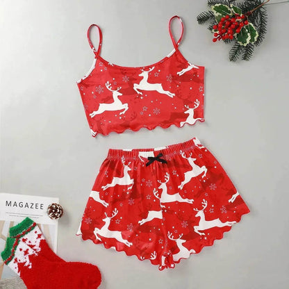 Pyjama de Noël européen et américain pour femme - Débardeur et short - Soie de lait - Simple et décontracté - Deux pièces - Vêtement d'intérieur