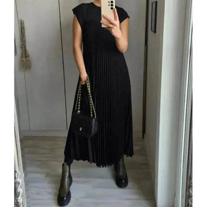 Women Summer Pleated Maxi Dress Casual Short Sleeve Crewneck Flowy Swing Long Dress with Pockets