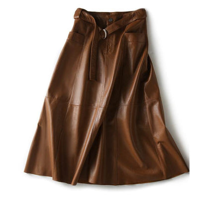 Fashion Retro All-match A- Line High Waist  Formal Office Work Midi Faux Leather Skirt