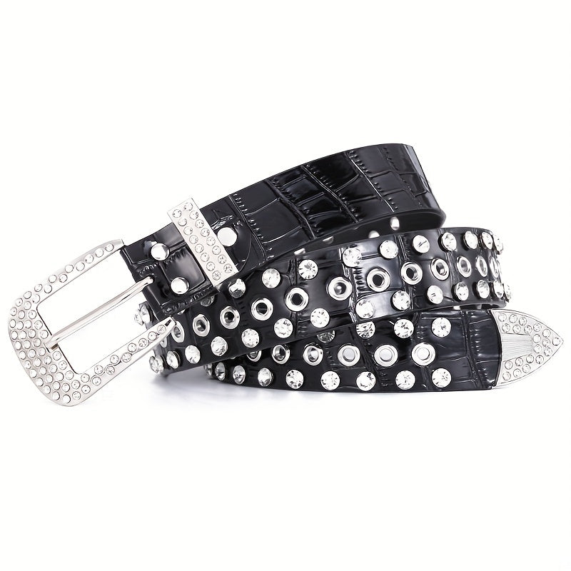 Sparkling Hollow Out Rhinestone Belt Solid Color PU Leather Belt Hip Hop Jeans Pants Belt Y2K Cowboy Cowgirl Belt For Women & Men