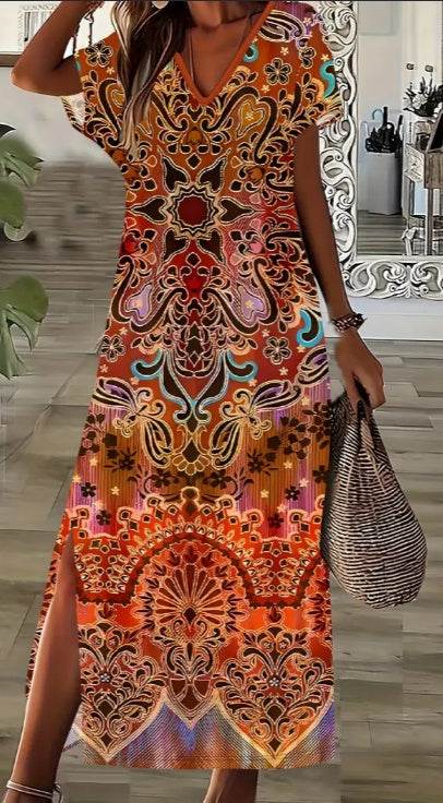 Spring Summer Boho-Chic Plus Size Floral Print Dress Side Slit maxi dress