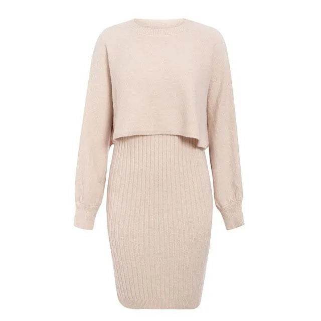 Women 2pcs Winter Outfit Cashmere dress Cropped Pullover top