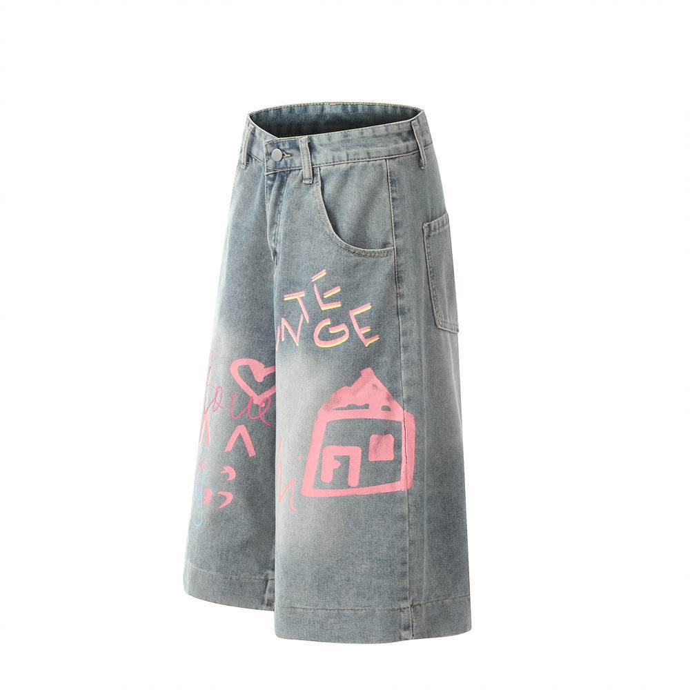 Hand Painted Graffiti Printing Denim Shorts Men Jeans
