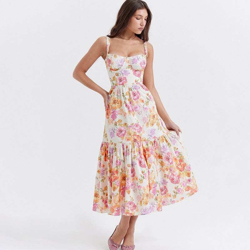 Spring And Summer Comely Pastoral Style Sling Floral A Swing Cake Dress