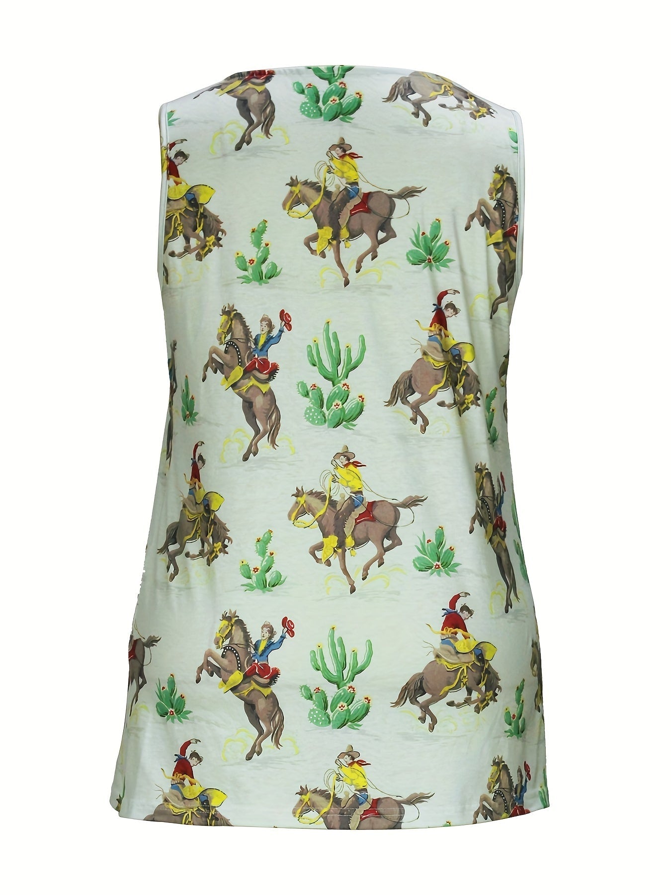 Plus Size Western Chic Vest Tank Top - Relaxed Fit, Medium Stretch, Random Cowboy Print, Square Neck, Pleated Design - Casual Polyester Top for All Seasons