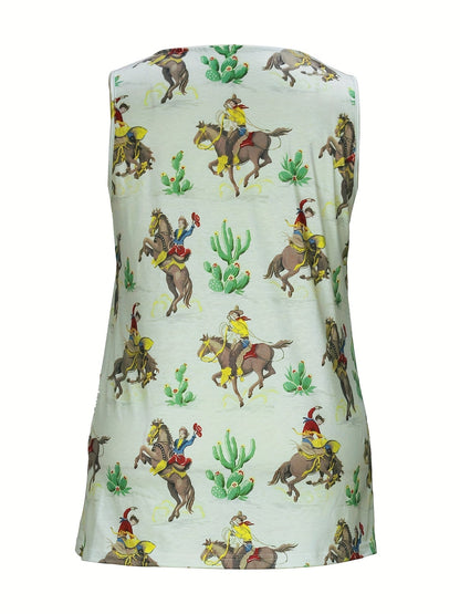 Plus Size Western Chic Vest Tank Top - Relaxed Fit, Medium Stretch, Random Cowboy Print, Square Neck, Pleated Design - Casual Polyester Top for All Seasons
