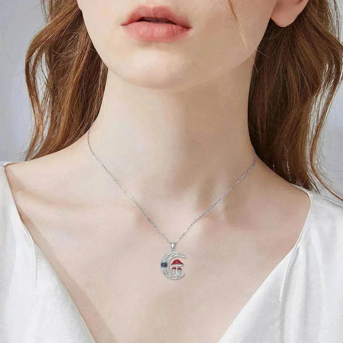 100 languages I Love You Projection Sterling Stone Mushroom Moon 925 Silver Necklace