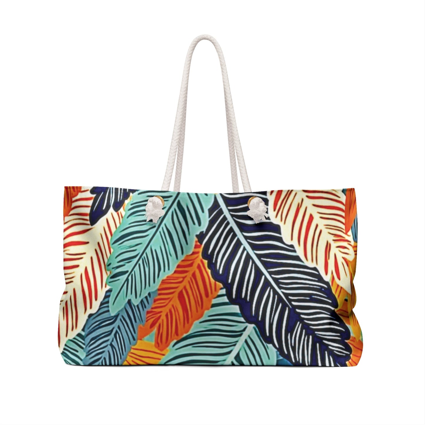 Sac de voyage à imprimé plumes tropicales | Motif feuilles colorées | Grand cabas | Sac maman débordée | Sac maman de tous les jours