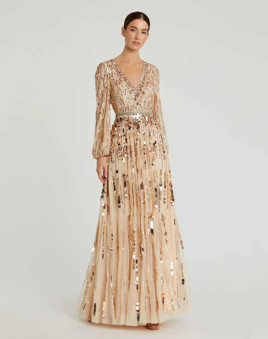 Robe longue en maille ornée, col en V, manches longues