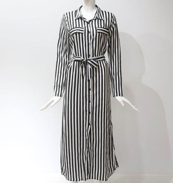 Robe longue à rayures en mousseline de soie à manches longues pour femmes, col en V, sexy, élégante et décontractée, printemps-été