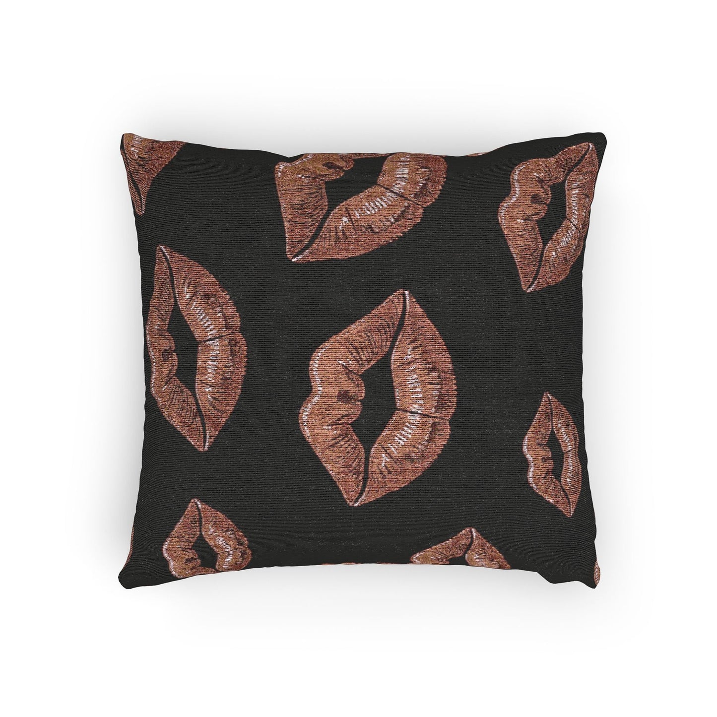 Rose Gold Lip Print Woven Pillow | Black Background, Decorative Throw Pillow