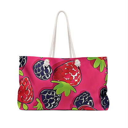 Raspberry Blackberry Pattern Weekender Bag | Bright Pink Berry Large Tote Bag