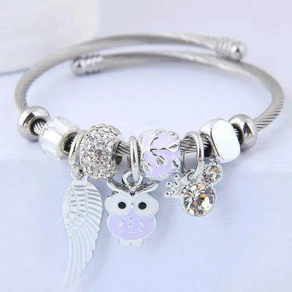 DIY Beaded Owl Angel Wings Pendant Stainless Steel Bracelet