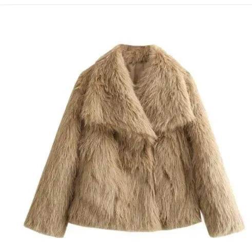 Manteau d'hiver en peluche à col ouvert et revers épais, manteau en fausse fourrure pour femmes