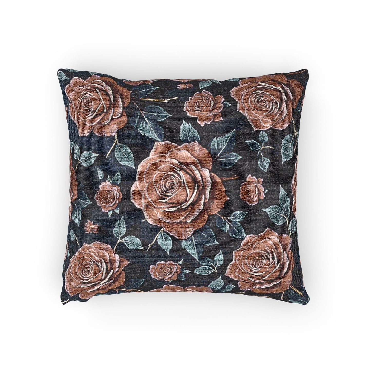Vintage Rose Woven Pillow | Floral Needlepoint Style, Navy Background