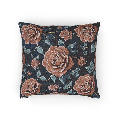 Vintage Rose Woven Pillow | Floral Needlepoint Style, Navy Background