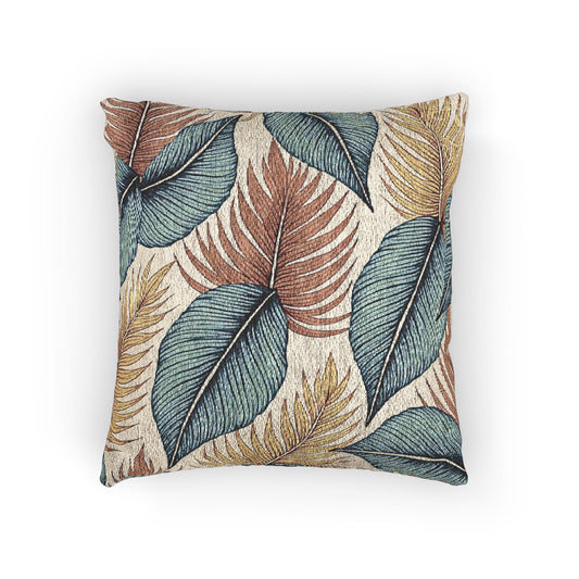 Coussin tissé à feuilles tropicales | Coussin décoratif bleu sarcelle rouille