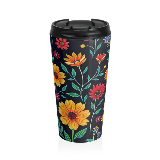 Mug de voyage en acier inoxydable motif floral coloré | Fond noir