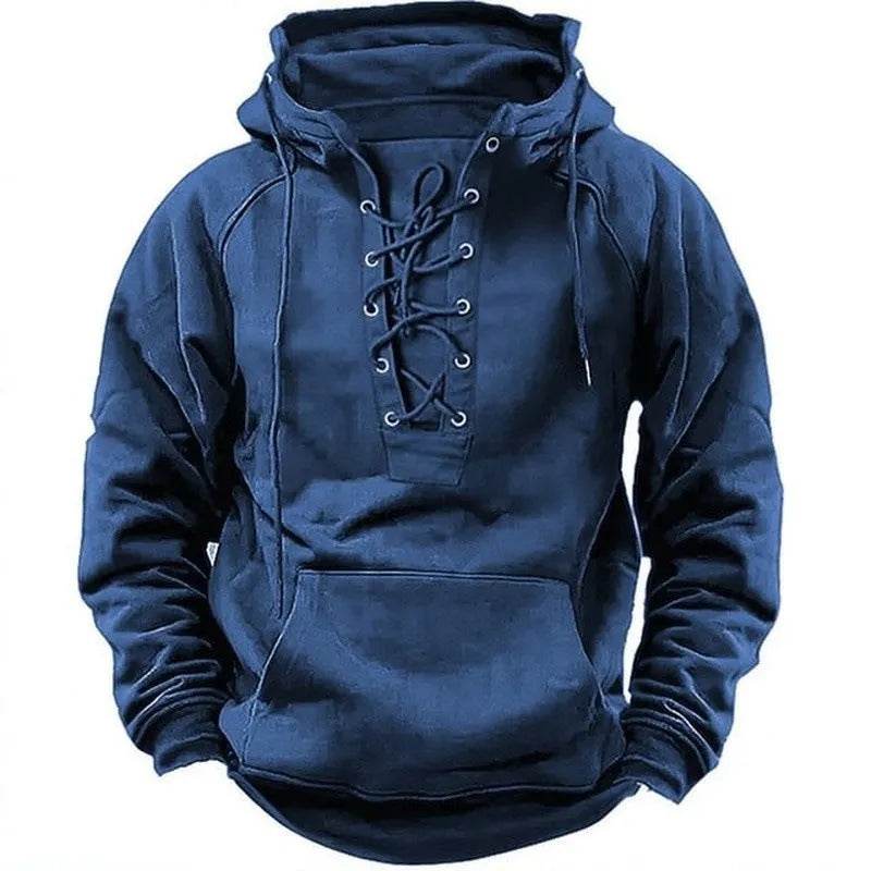 T-shirt à capuche rétro à lacets pour homme, manches longues, décontracté, style pull-over