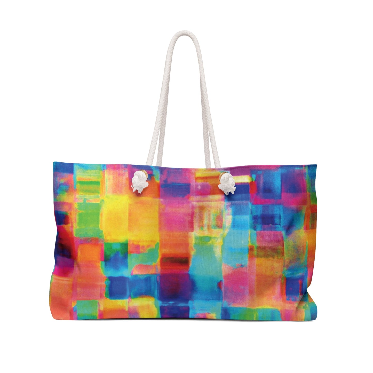 Sac de voyage « weekender » avec des carrés abstraits aquarelle colorés | Grand sac fourre-tout de voyage lumineux