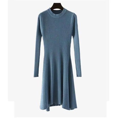 Autumn Winter Round neck Slim fit Mini Flared Sweater Dress