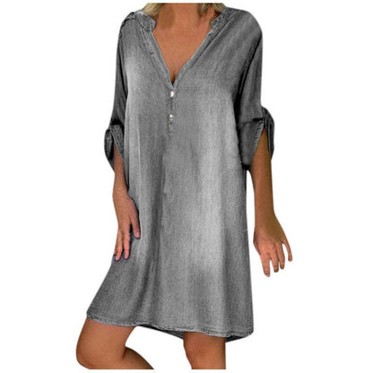 Casual Half Button Mid-sleeve loose Washed denim dress