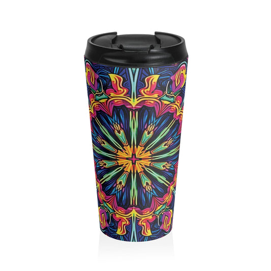 Mug de voyage en acier inoxydable Mandala Néon Kaléidoscope