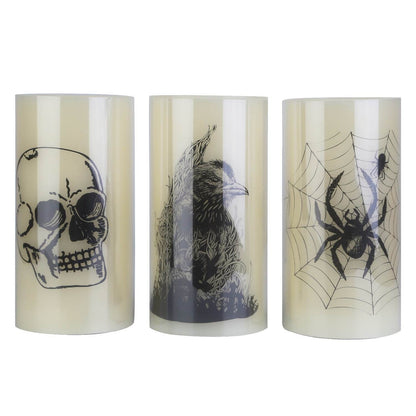 Lot de 3 bougies sans flamme d'Halloween avec minuterie, fonctionnant sur piles, lumières orange chaudes pour la décoration de fête d'Halloween.
