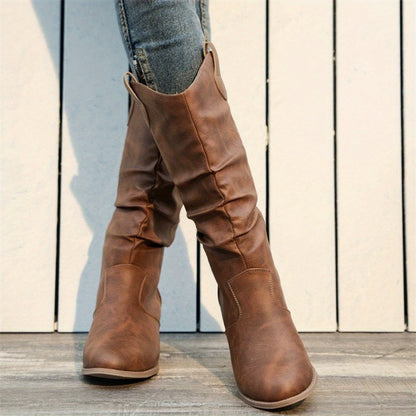 Women's Slouchy Cowboy Boots, Retro Chunky Low Heeled Pull On Western Boots, V-cut Mid Calf Boots