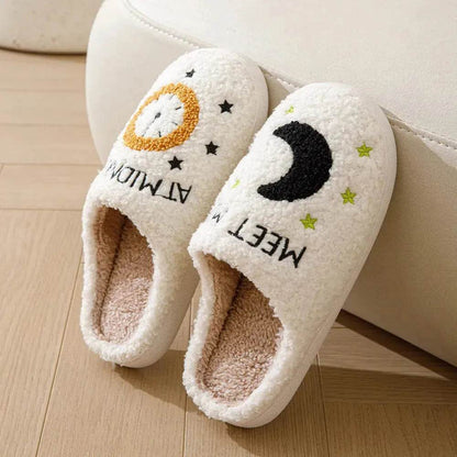 Chaussons d'intérieur imprimés lune et horloge, pantoufles chaudes d'hiver pour chambre à coucher pour femmes
