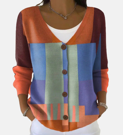 Women’s Printed Knit Cardigan Sweater with Buttons – Casual Long-Sleeve Patterned Pullover