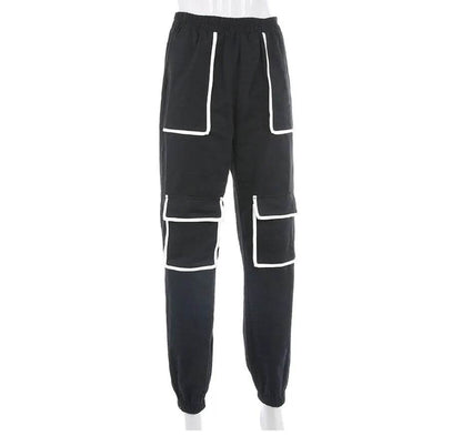 White Stripe Cargo Pants Women Trousers Pockets Patchwork Contrast Color High Waist Pants Hip Hop Capris