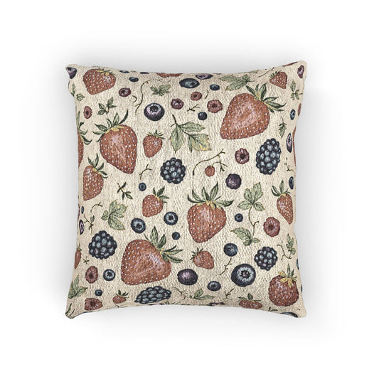 Oreiller tissé à motif fraises et myrtilles | Oreiller décoratif botanique aux fruits
