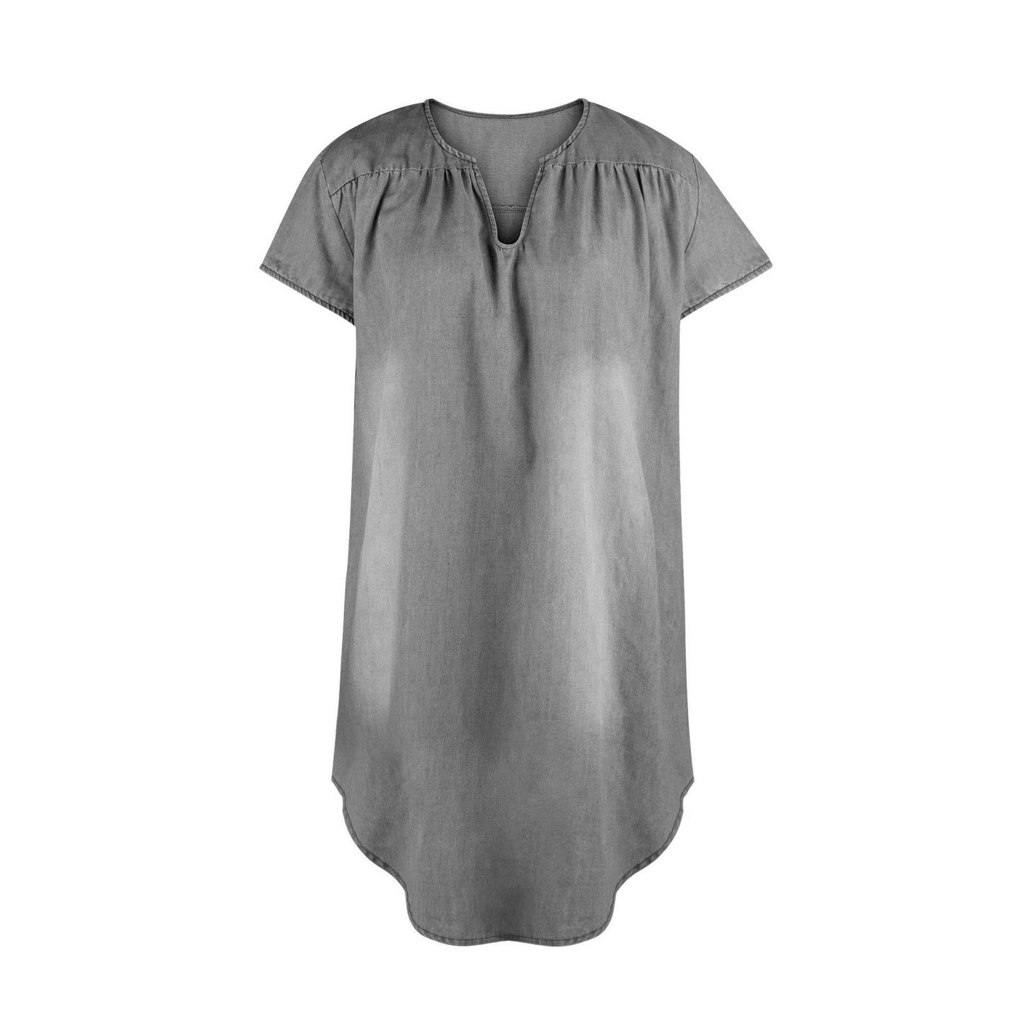 Round Neck Pleated Loose Solid Color Casual Plus Size Denim Dress