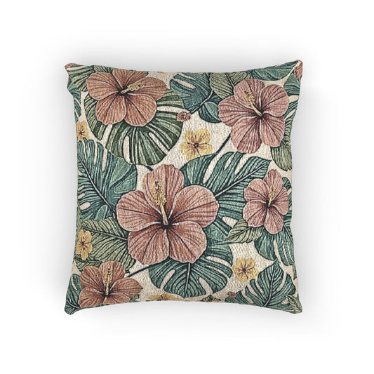 Hibiscus Tropical Floral Woven Pillow | Botanical Throw Cushion