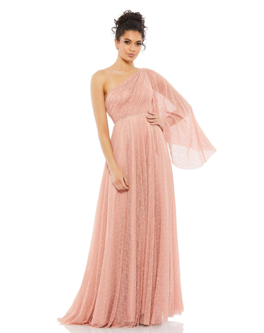 Robe longue en dentelle à manches cloche et une épaule dénudée