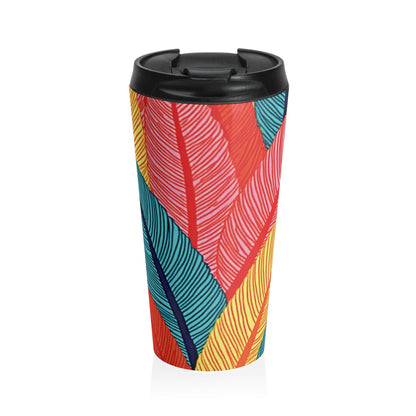 Mug de Voyage Isotherme en Acier Inoxydable Tropical Feather — Motif Feuilles Colorées, Gobelet Isotherme pour Café