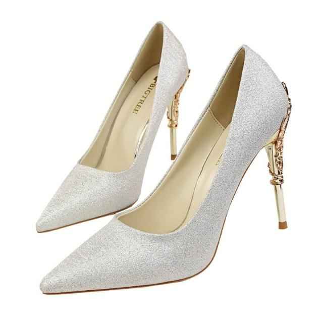 Women's Elegant High Heel Dress Shoes – Wedding Party Pumps with Luxury Metallic Design