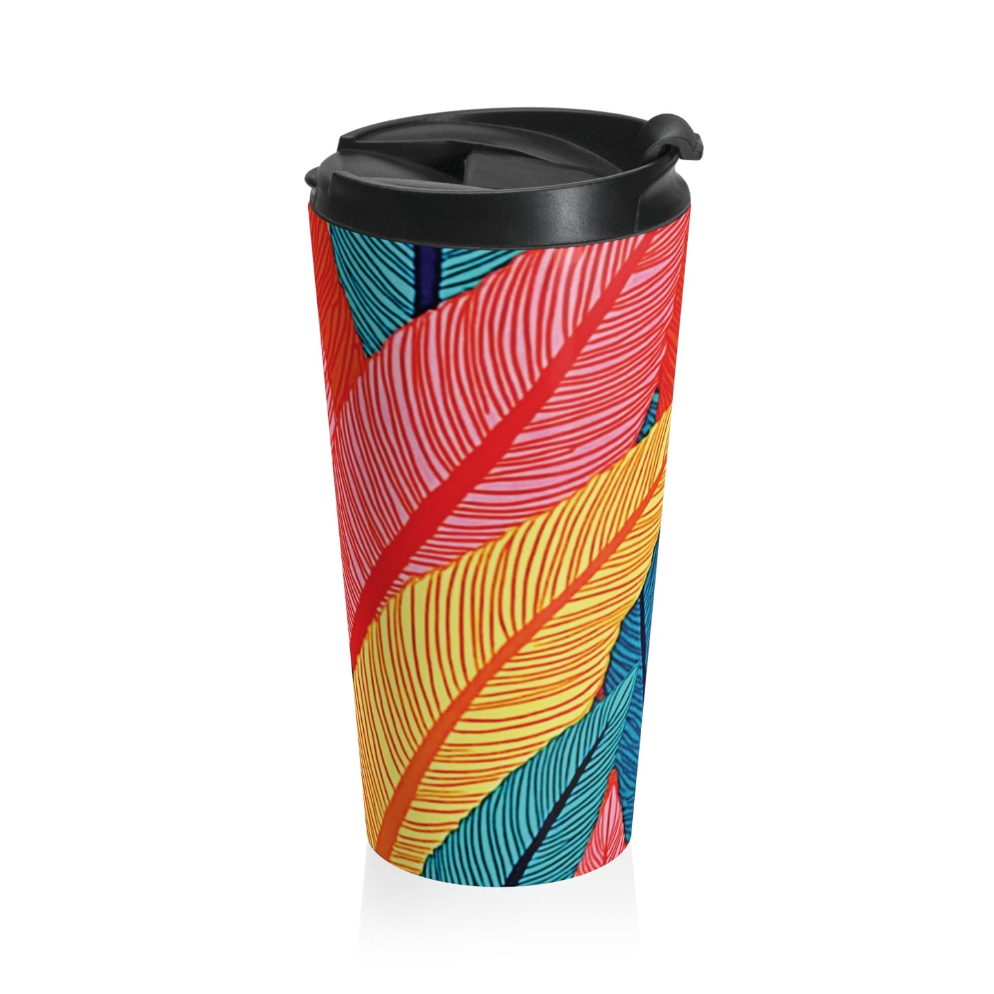 Mug de Voyage Isotherme en Acier Inoxydable Tropical Feather — Motif Feuilles Colorées, Gobelet Isotherme pour Café