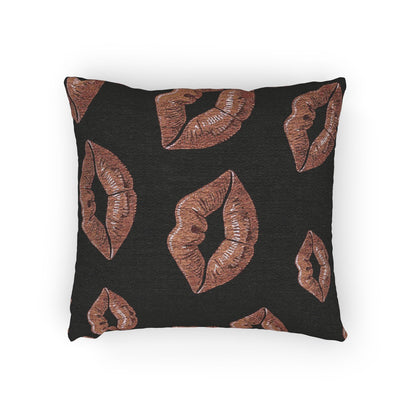Rose Gold Lip Print Woven Pillow | Black Background, Decorative Throw Pillow