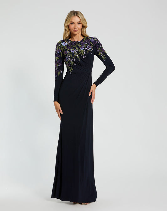 Robe de soirée moulante en jersey à manches longues ornée
