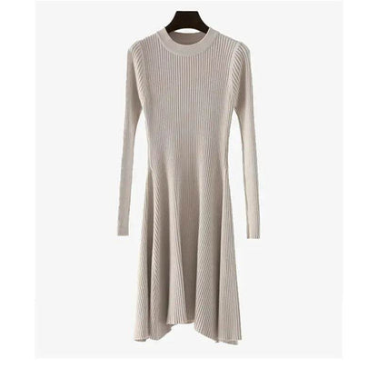 Autumn Winter Round neck Slim fit Mini Flared Sweater Dress