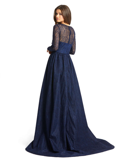 Lace Illusion Long Sleeve Gown with Overlay Skirt