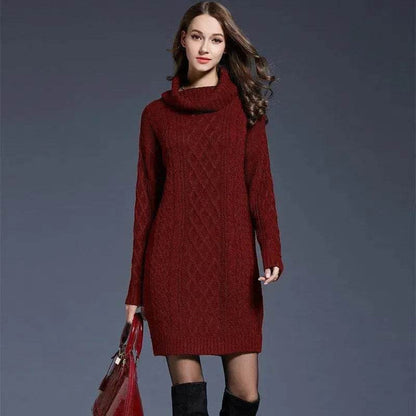 New Autumn Winter Solid Knitted Oversized Mini Turtleneck Sweater Dress