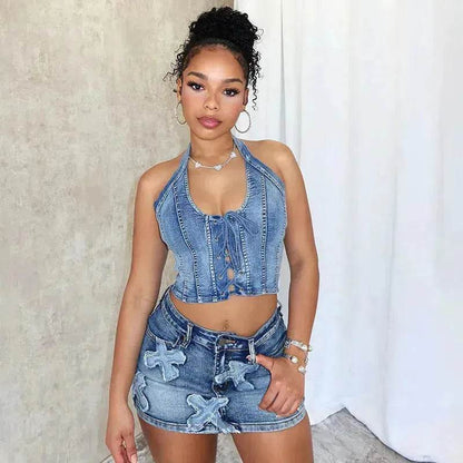 Chic Denim 2 piece Denim Skirt set Jean 2 piece set for Women Sleeveless crop top and Skirt