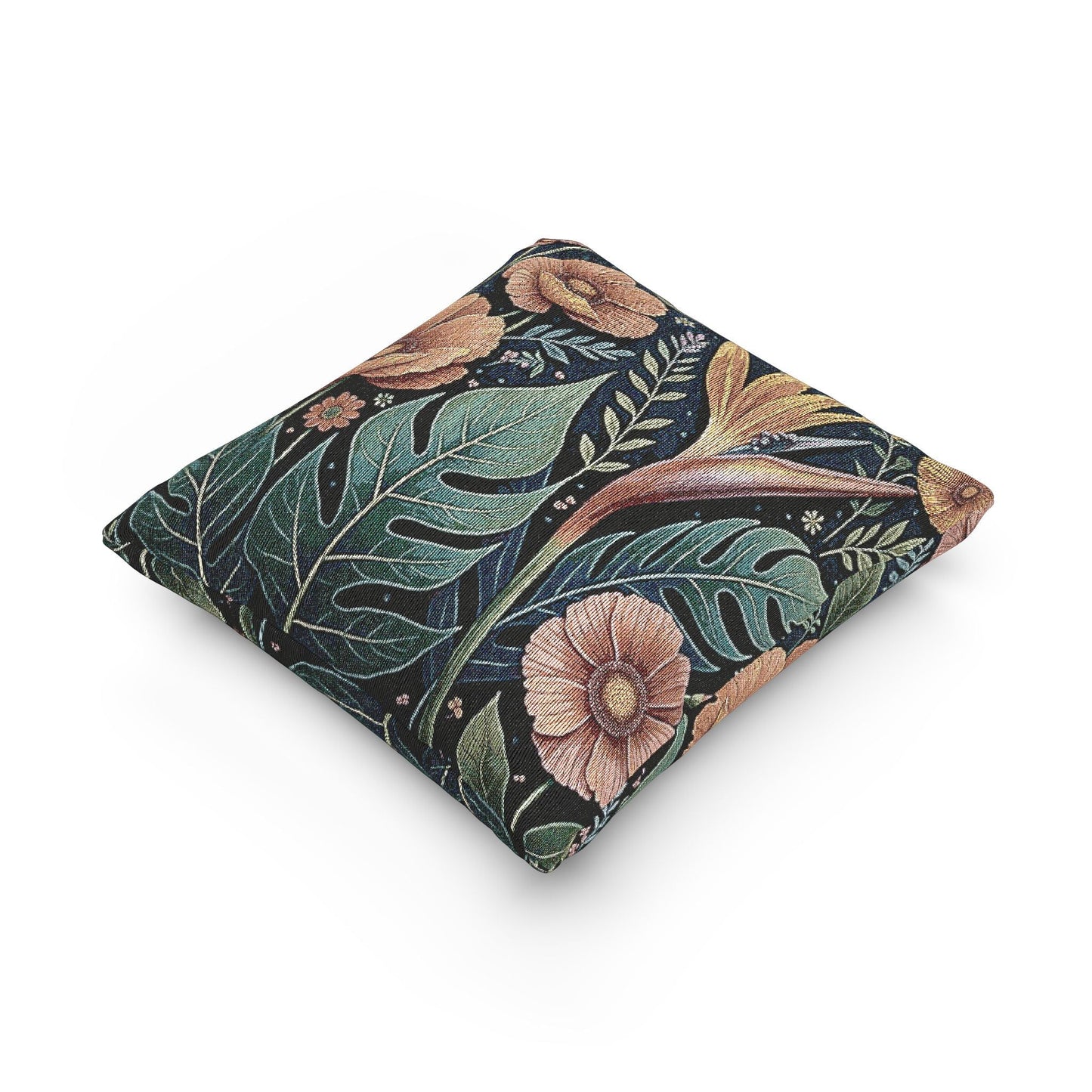 Tropical Floral tapestry pillow | woven botanical throw pillow, vintage jungle design