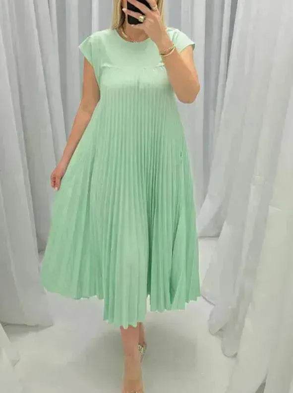 Women Summer Pleated Maxi Dress Casual Short Sleeve Crewneck Flowy Swing Long Dress with Pockets