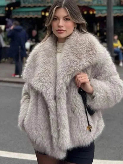 Manteau d'hiver en peluche à col ouvert et revers épais, manteau en fausse fourrure pour femmes