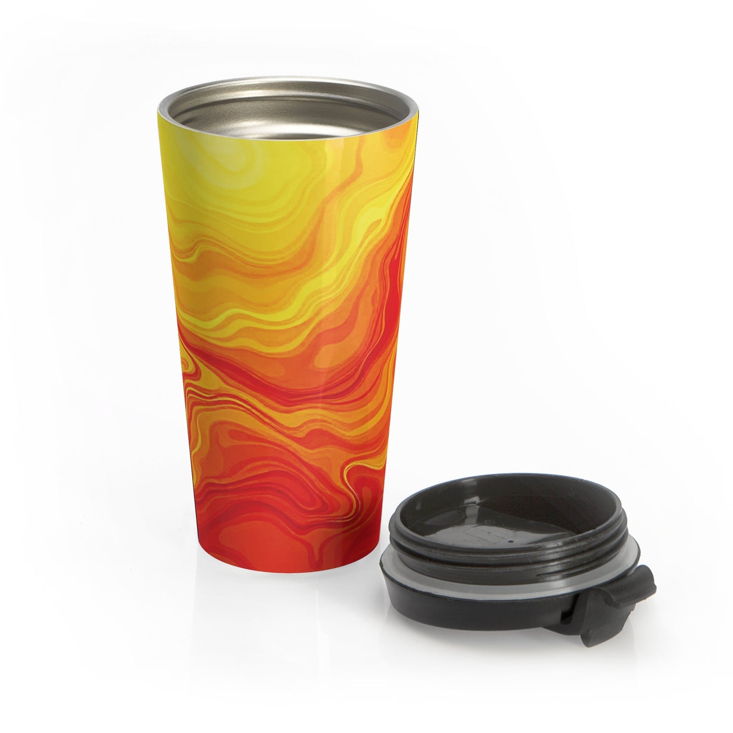 Mug de voyage en acier inoxydable Sunset Swirl — Gobelet isotherme motif marbre orange et jaune