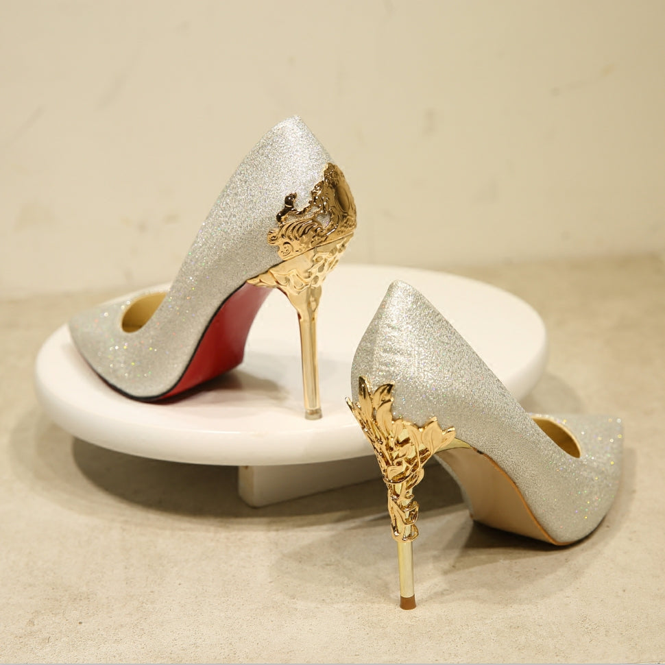 Women's Elegant High Heel Dress Shoes – Wedding Party Pumps with Luxury Metallic Design